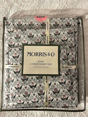 Morris & Co. Tulip & Rose King 4 Piece Sheet Floral Pink Green Leaf New NWT